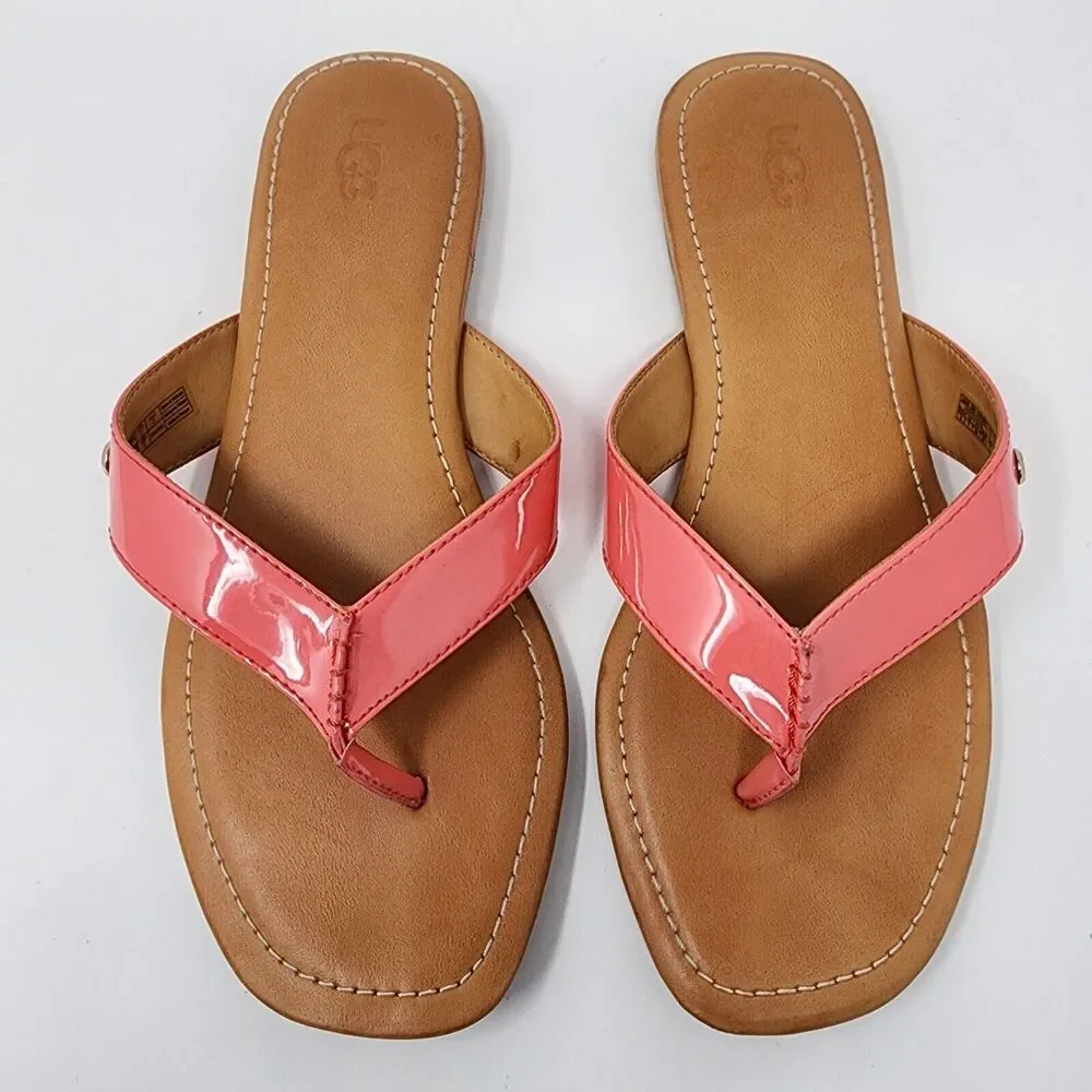 Ugg Tuolumne Thong Sandal Women 9 Patent Flip Flop Neon Pink Logo Rivet EUC - Picture 4 of 11